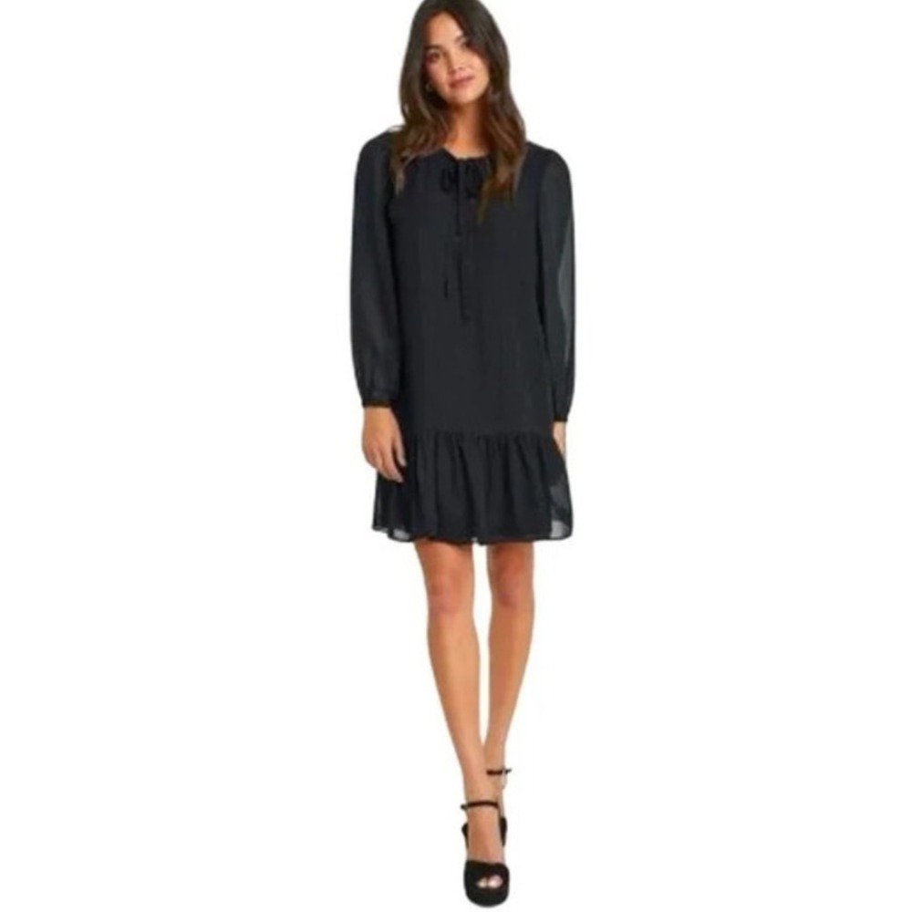 Draper James Dress L Black Tie Neck Sheer Sleeve Ruffle Hem Drop Waist Shift